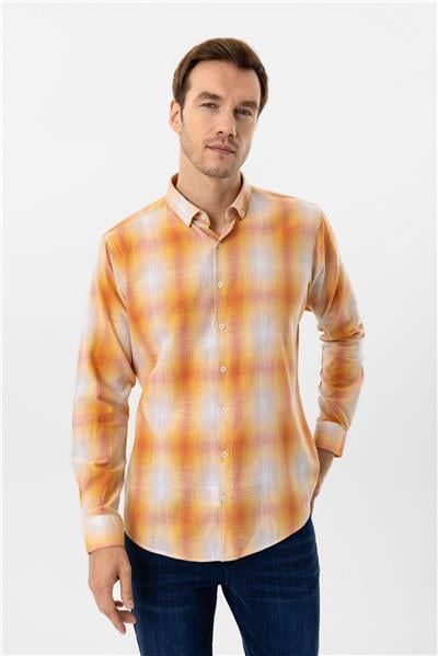 Turuncu Slim Fit Desenli Düğmeli Yaka Gömlek