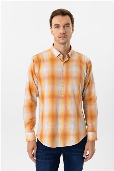 Turuncu Slim Fit Desenli Düğmeli Yaka Gömlek