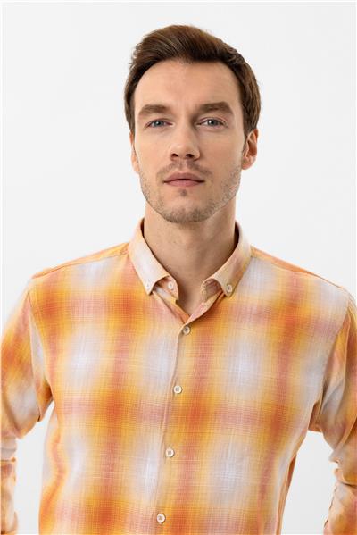 Turuncu Slim Fit Desenli Düğmeli Yaka Gömlek