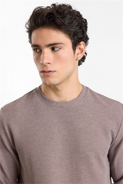 Vizon Regular Düz Baskısız Waffle Bisiklet Yaka Cepsiz Sweatshirt