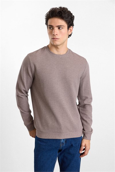 Vizon Regular Düz Baskısız Waffle Bisiklet Yaka Cepsiz Sweatshirt