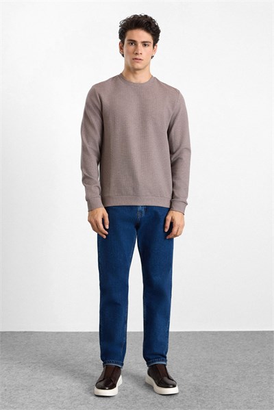 Vizon Regular Düz Baskısız Waffle Bisiklet Yaka Cepsiz Sweatshirt