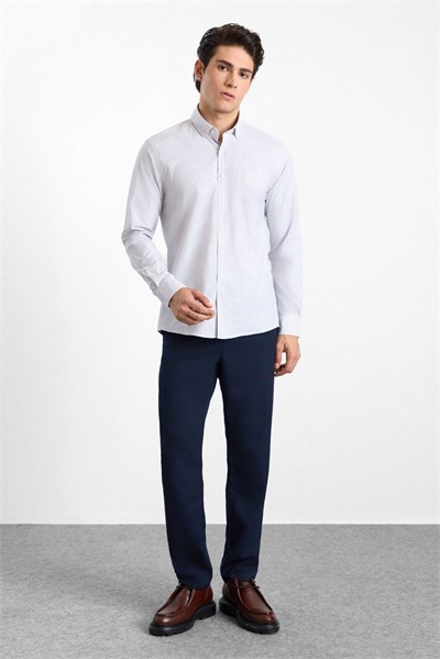 Vizon Slim Düğmeli Yaka Dikey Çizgili Armürlü Cepsiz Uzun Kollu Casual Gömlek