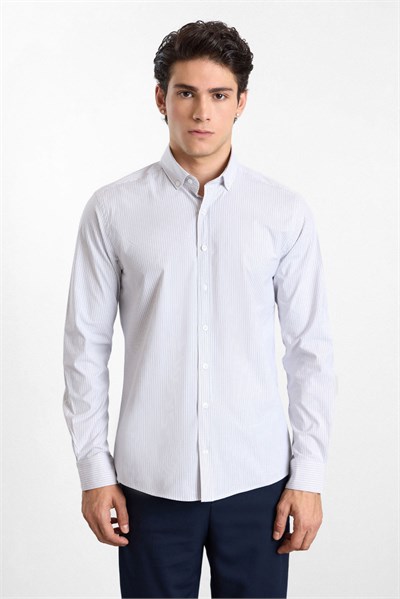 Vizon Slim Düğmeli Yaka Dikey Çizgili Armürlü Cepsiz Uzun Kollu Casual Gömlek