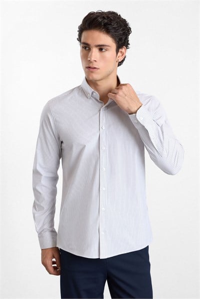 Vizon Slim Düğmeli Yaka Dikey Çizgili Armürlü Cepsiz Uzun Kollu Casual Gömlek