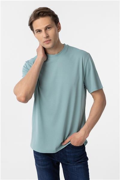 Yeşil Slim Fit Armürlü Bisiklet Yaka Tişört