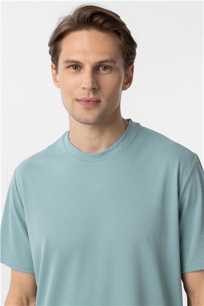 Yeşil Slim Fit Armürlü Bisiklet Yaka Tişört