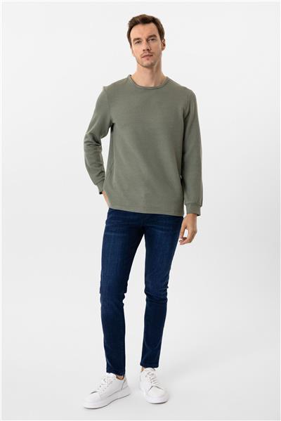 Yeşil Slim Fit Armürlü Bisiklet Yaka Triko Kazak