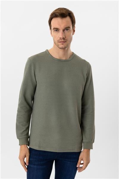 Yeşil Slim Fit Armürlü Bisiklet Yaka Triko Kazak