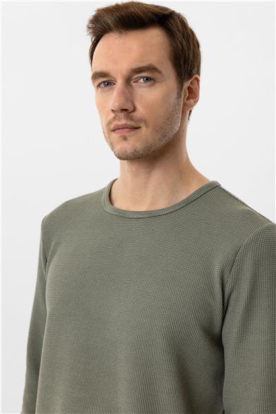 Yeşil Slim Fit Armürlü Bisiklet Yaka Triko Kazak