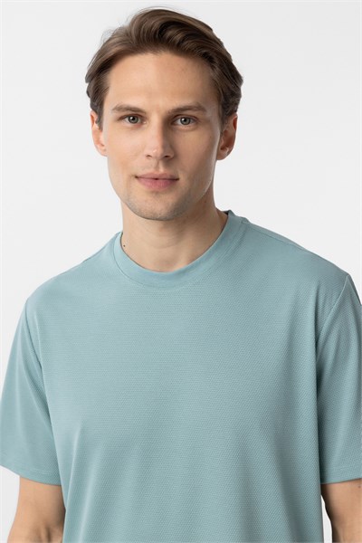 Yeşil Slim Fit Armürlü Bisiklet Yaka Tişört