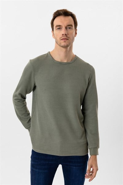 Yeşil Slim Fit Armürlü Bisiklet Yaka Triko Kazak