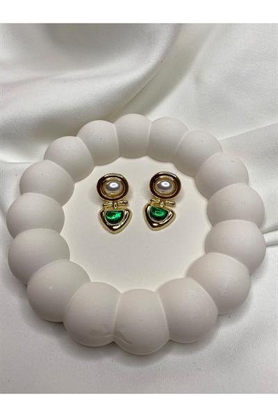 Yeşil Taşlı Gold Küpe