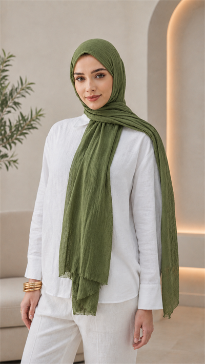 Haki Yeşil Düz Pamuk Comfort Şal - 025
