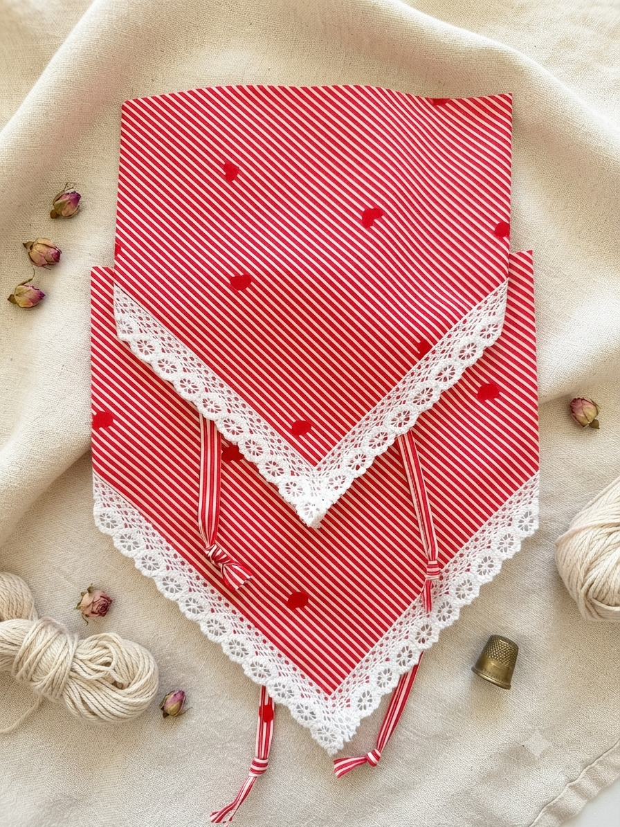 % 100 El İşçiliği Anne & Kız Kumaş Bandana Seti Kırmızı 