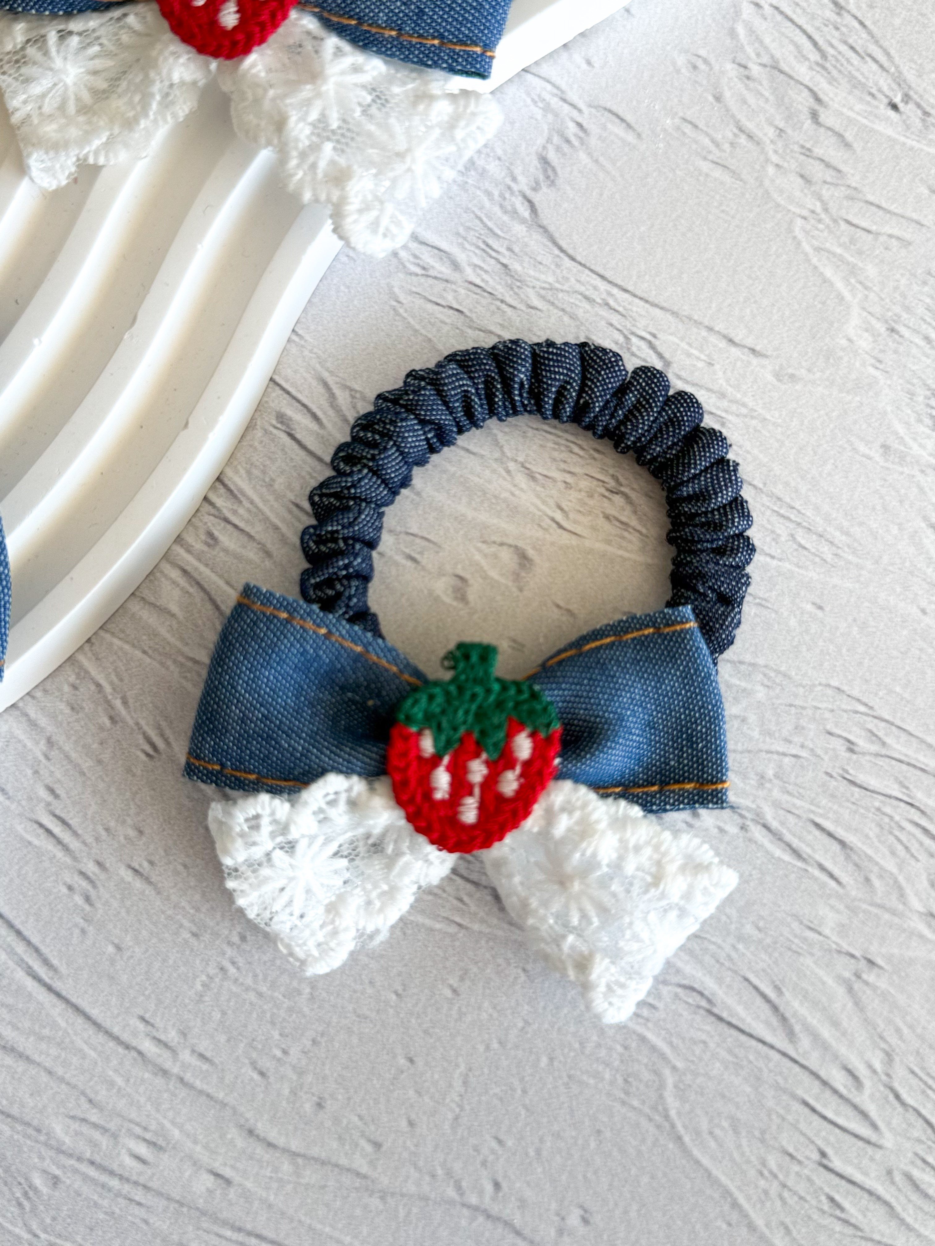 Denim Çilek ve Fiyonk Detaylı Lastik Toka / Scrunchies 