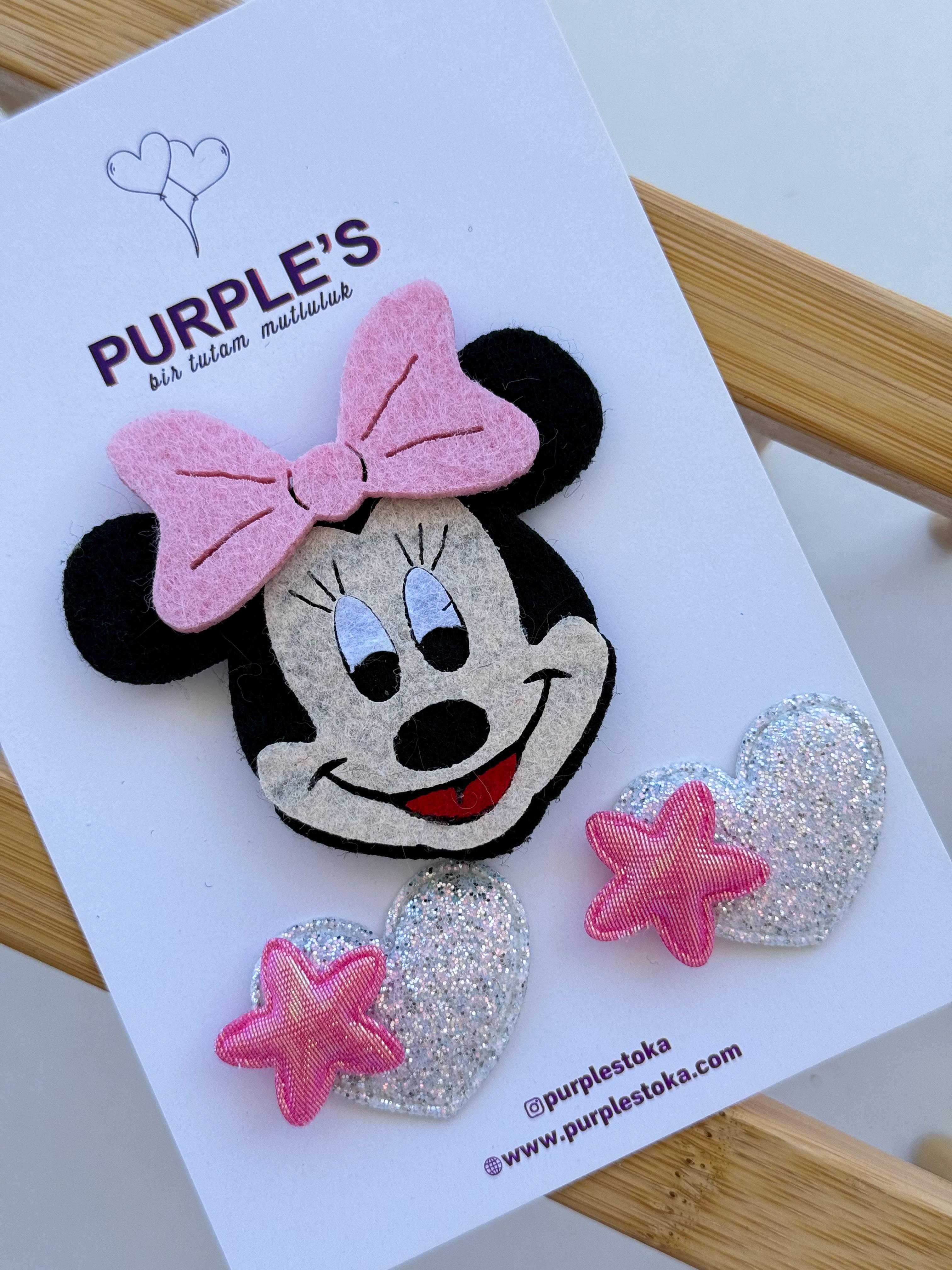 Pembe Minnie Mouse Detaylı 3'lü Az Saçlı Bebek Tokası Seti 