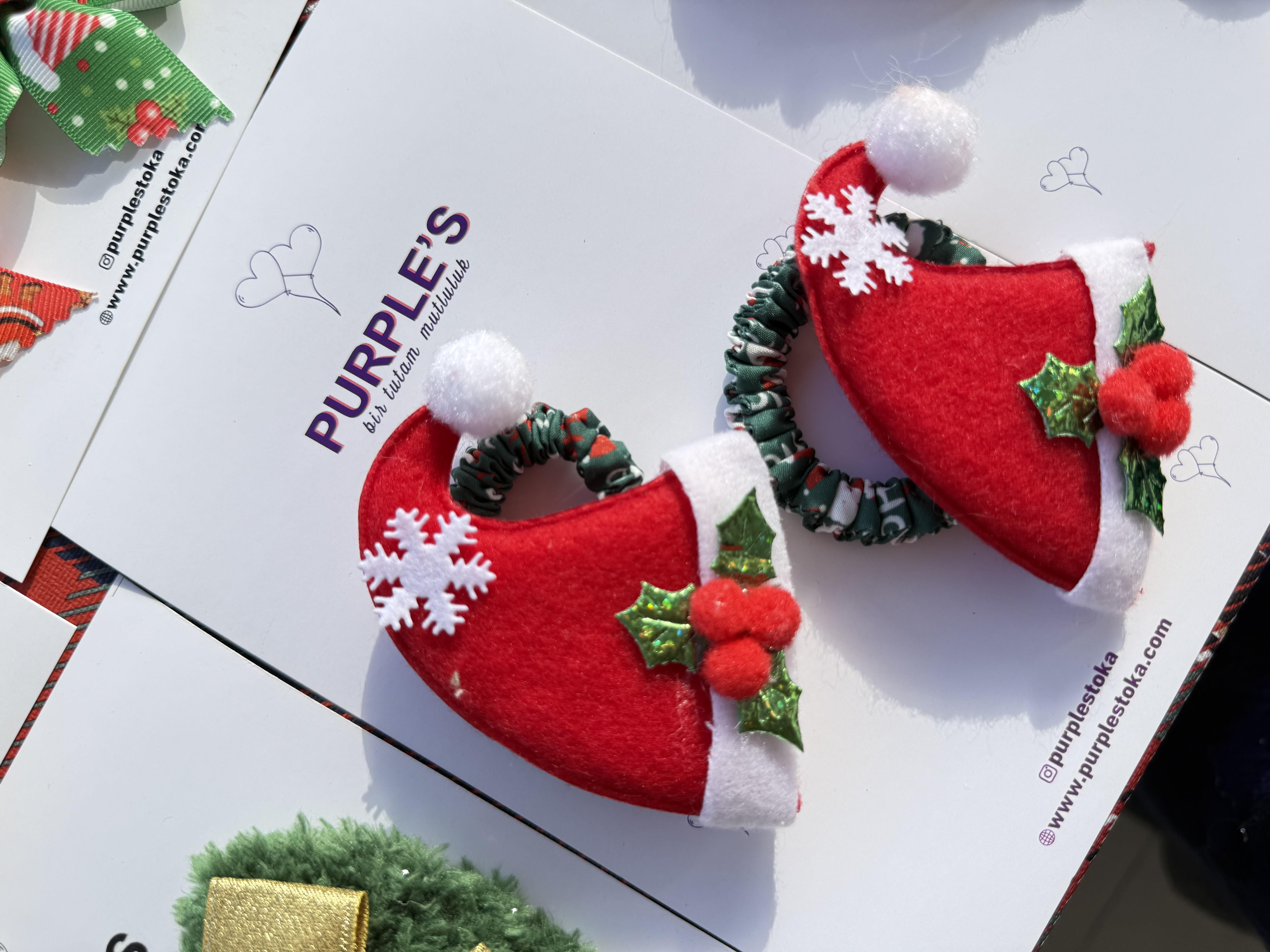 2'li Keçe Noel Şapkası  Lastik Toka Seti 
