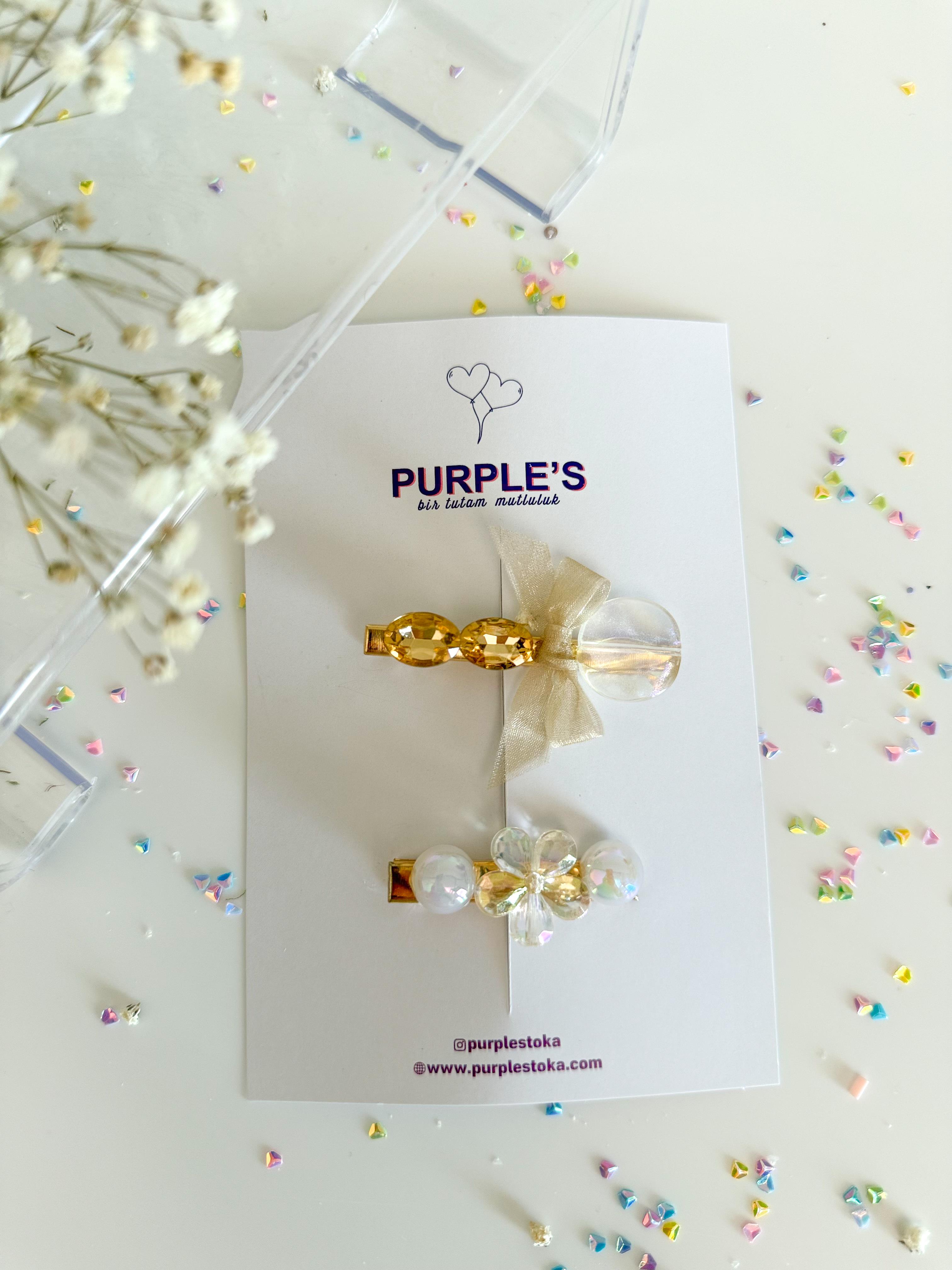 2'li Taş Ve İnci Detalı Gold Clips 