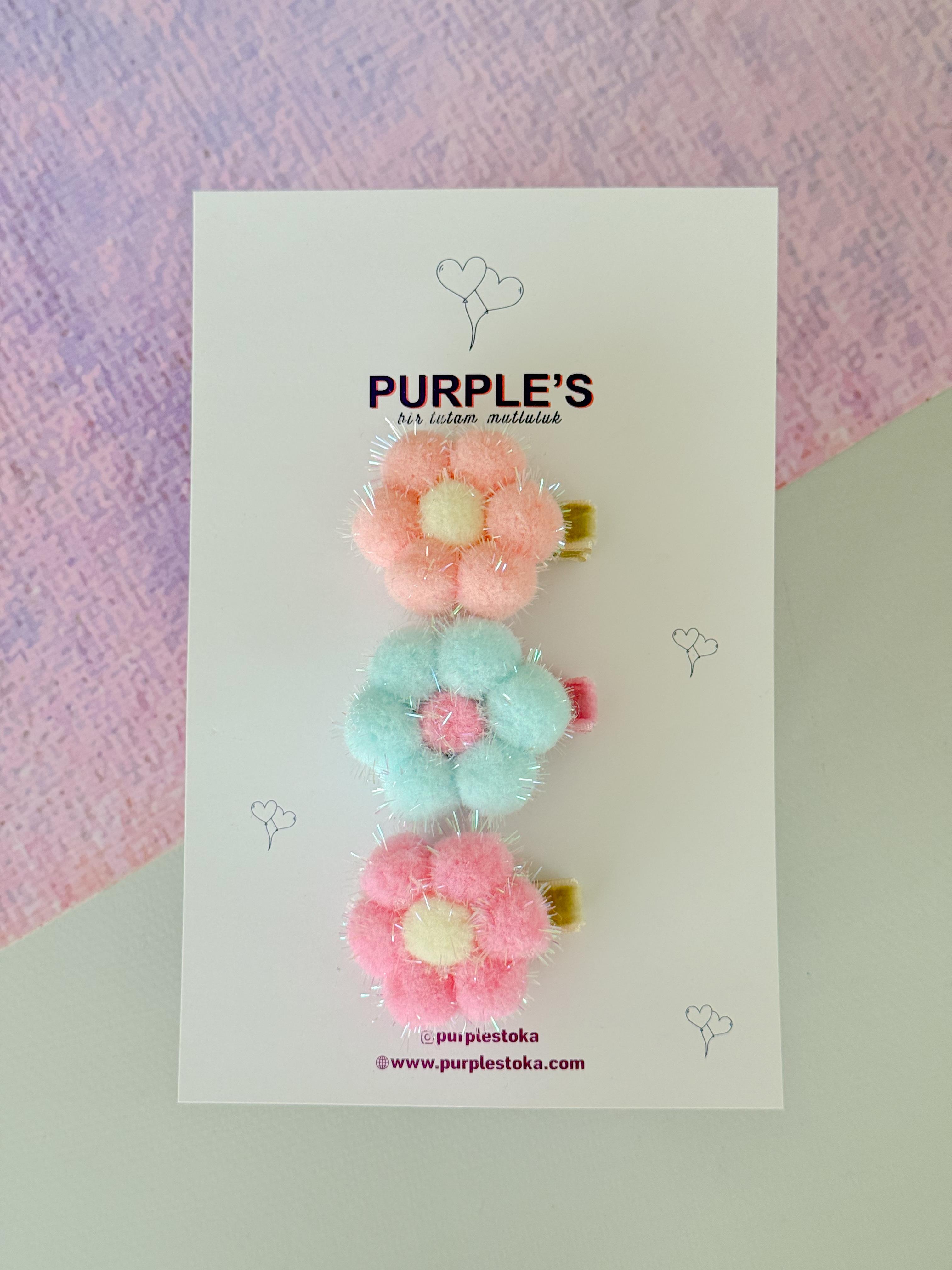 3'lü  Simli Soft Renkli Ponpon Detaylı Çiçek Model Pens Toka