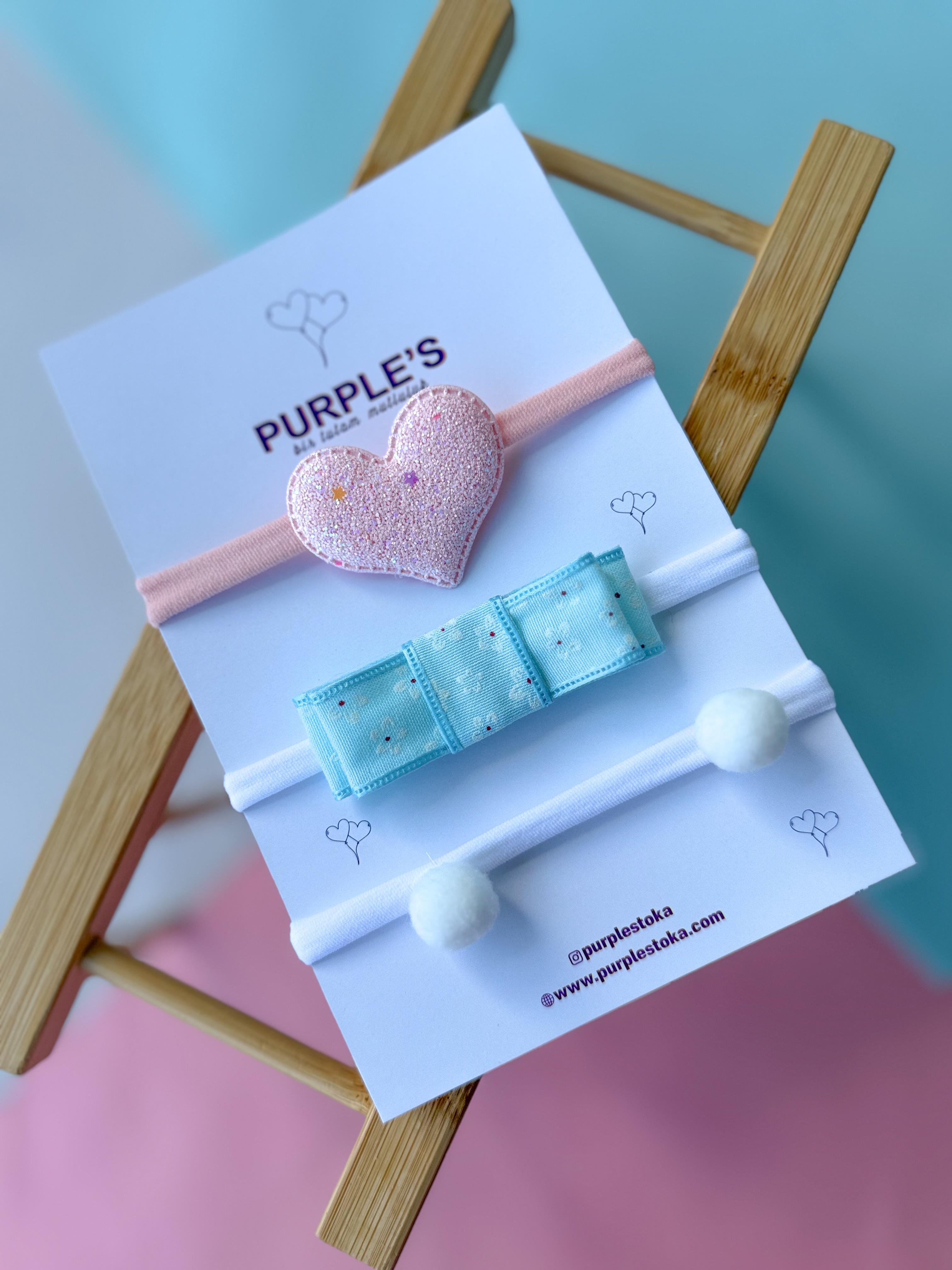 El İşçiliği 3'lü Soft Renk Pink & Blue Yenidoğan Uyumlu Ultra Esnek Bebek Saç Bandı Seti 