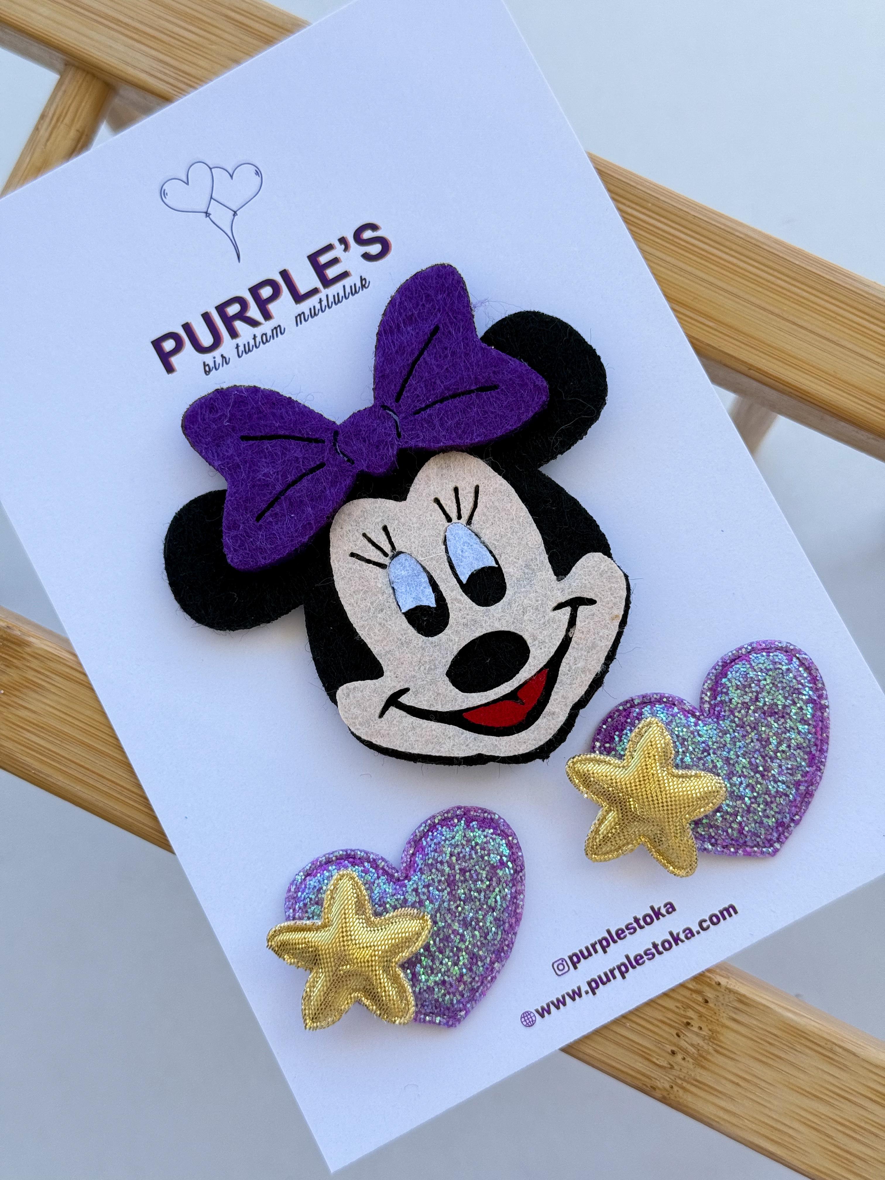 Mor Minnie Mouse 3'lü Az Saçlı Bebek Tokası 