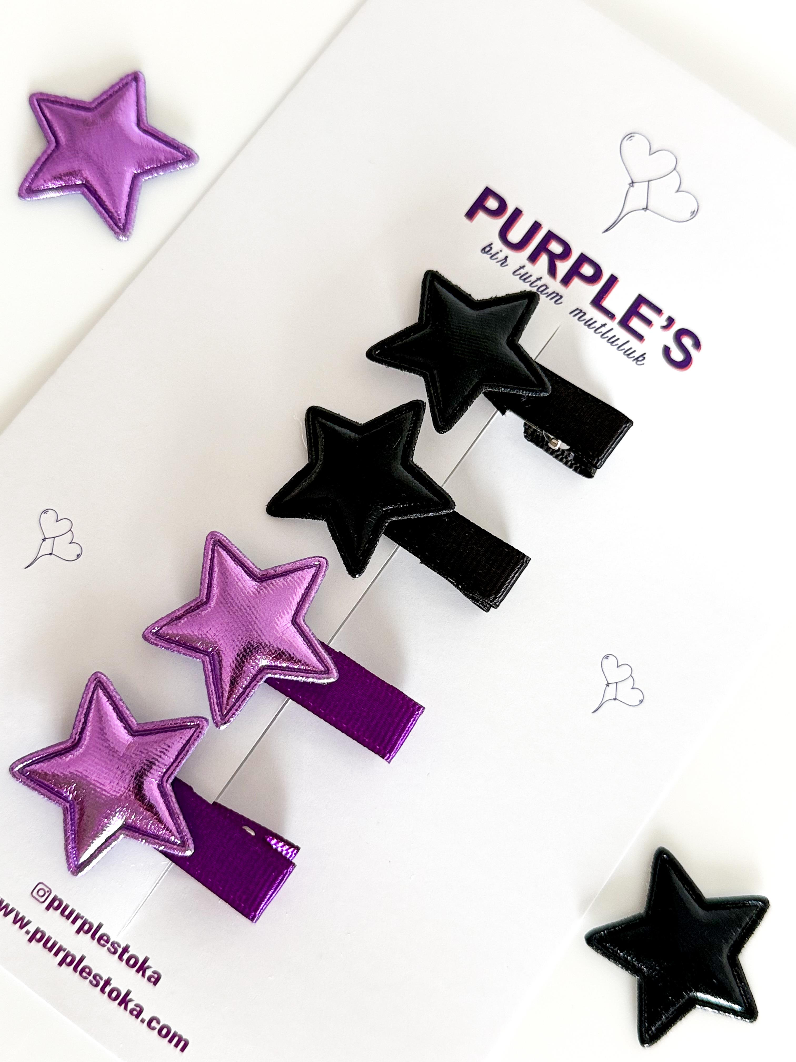 Purple & Black Star Clips 4'lü 