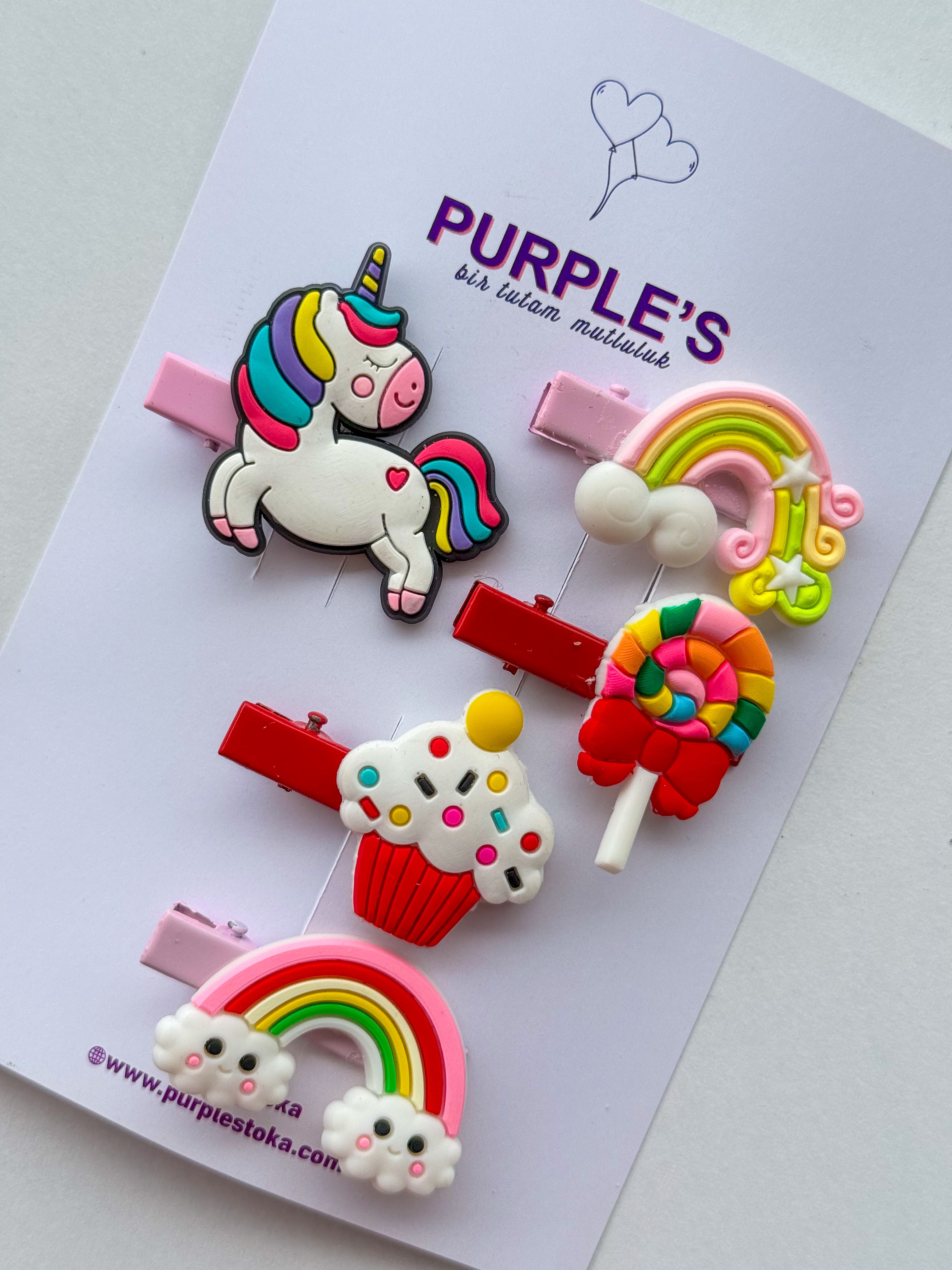Renkli Gökkuşağı & Unicorn 6'lı Toka Seti