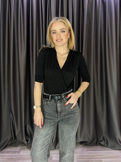 Kruvaze Buzzy Kumaş Siyah Body Suit Siyah 