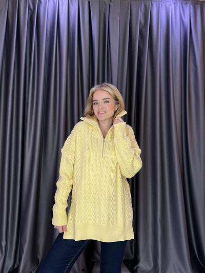 Saç Örgü Yarım Fermuarlı Sarı Kazak   