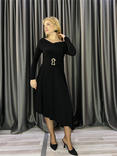 Siyah Drapeli Kruvaze Yaka Sandy Kiloş Elbise