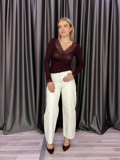 V Yaka Dantelli Kaşmir Bordo Bluz