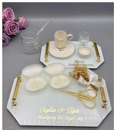 Nişan Söz Tepsisi Damat Kahvesi  2 li Set Beyaz Cam