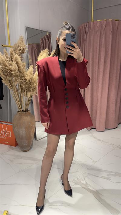 BEL PENSLİ BLAZER ELBİSEETEK-BORDO