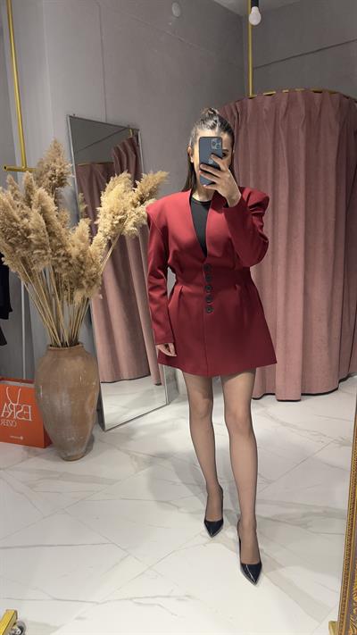 BEL PENSLİ BLAZER ELBİSEETEK-BORDO