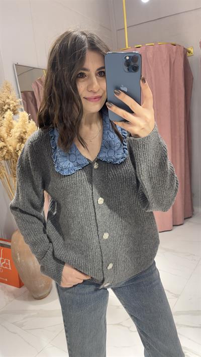 DENİM YAKA  GÜMÜŞ DÜĞME DETAYLI HIRKA-ANTRASİT-MAVİ