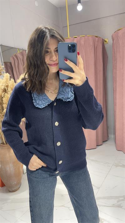 DENİM YAKA  GÜMÜŞ DÜĞME DETAYLI HIRKA-LACİVERT