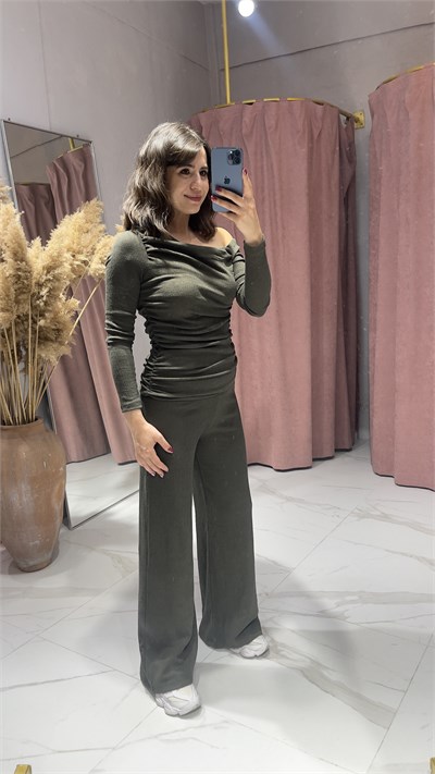 DRAPE DETAY KAYIK YAKA BÜRÜMCÜK TAKIM-HAKİ