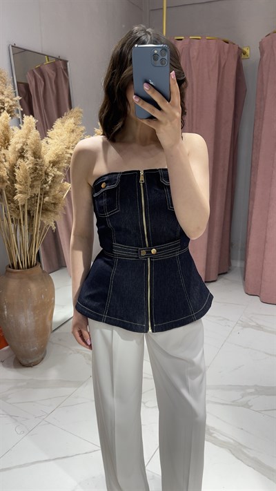 FERMUARLI TASARIM DENİM STRAPLEZ BLUZ-MAVİ