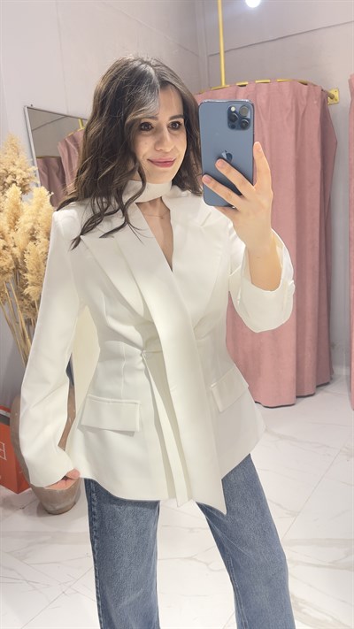 FULAR DETAYLI TASARIM BLAZER CEKET-BEYAZ
