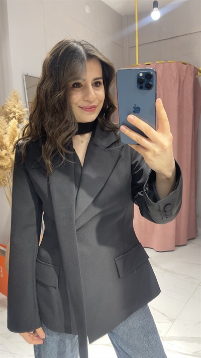 FULAR DETAYLI TASARIM BLAZER CEKET-SİYAH