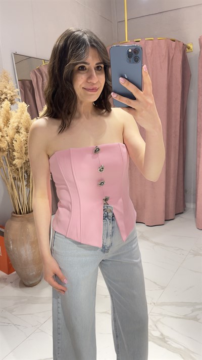 Gümüş Tokalı Straplez Bluz-PEMBE