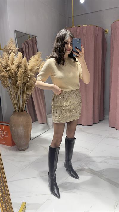 İÇİ ASTARLI PUL BONCUK İŞLEMELİ ETEK-GOLD