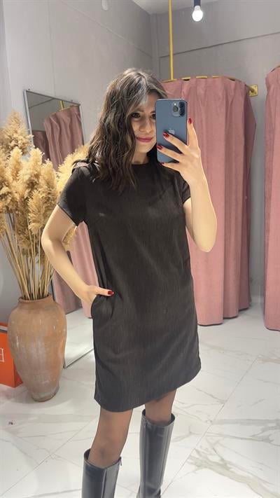 KEMERLİ KADİFE ELBİSE-KAHVE