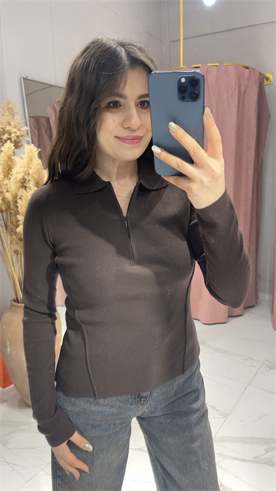KAŞMİR KARIŞIMLI POLO YAKA FERMUARLI KAZAK-KAHVE