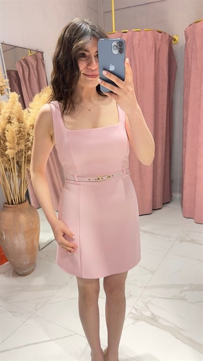 Kemerli Mini Elbise-PEMBE