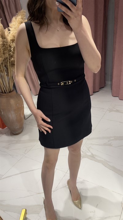 Kemerli Mini Elbise-SİYAH