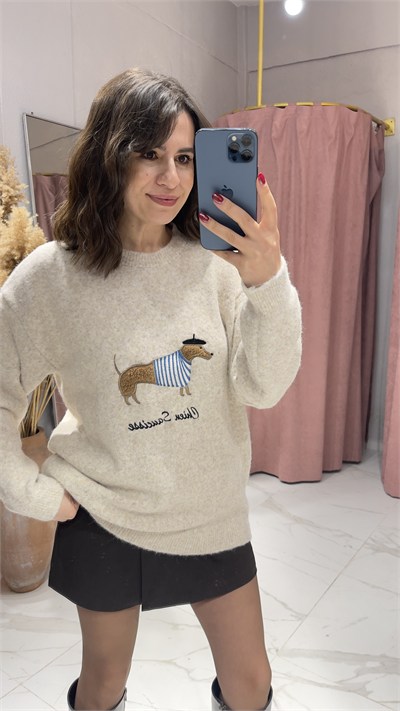 SOSİS KÖPEK NAKIŞLI TRİKO KAZAK-TAŞ