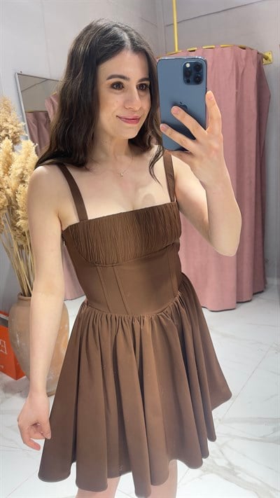 KORSE MODEL MİNİ ELBİSE-KAHVE