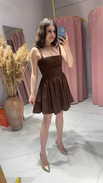 KORSE MODEL MİNİ ELBİSE-KAHVE